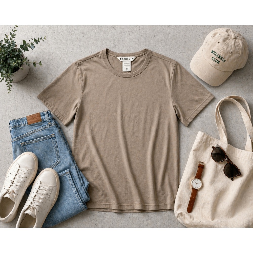 Athleta Renew Tee XS Taupe Brown Short Sleeve Back Seam Crew Neck Top Clean Girl